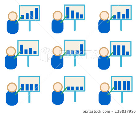 Icon set of a presenter pointing to a bar graph board Icon set of a presenter pointing to a bar graph board 139837956