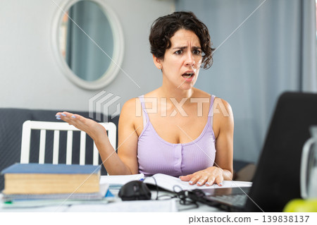 Young girl manager has problems and stress during work at laptop Young girl manager has problems and stress during work at laptop 139838137