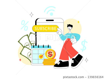 Subscription Based Living Vector Illustration Featuring Monthly Payment Service, Digital Membership, Online Subscription and Modern Lifestyle Design Subscription Based Living Vector Illustration Featuring Monthly Payment Service, Digital Membership, Online Subscription and Modern Lifestyle Design 139838164