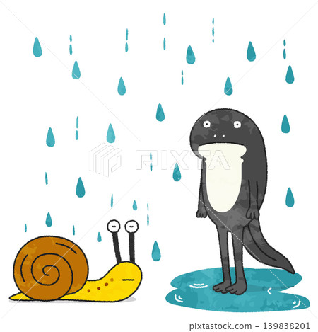 一幅描繪蝸牛和蝌蚪在雨中排成一排的插圖。 139838201