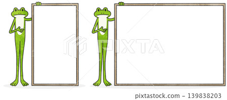 A green frog character illustration showing a sign, holding onto its edge. A green frog character illustration showing a sign, holding onto its edge. 139838203