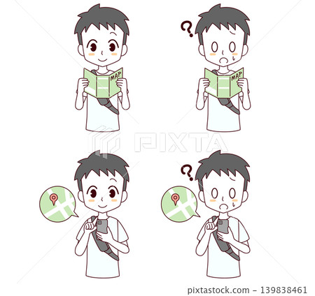 A set of 4 illustrations of a boy looking at a map. A set of 4 illustrations of a boy looking at a map. 139838461