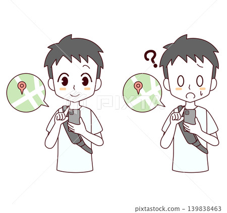 A set of two illustrations of a boy looking at a map on his smartphone. A set of two illustrations of a boy looking at a map on his smartphone. 139838463