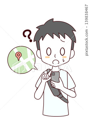 一幅插圖,描繪了一個迷路的男孩正在用智慧型手機查看地圖。 一幅插圖,描繪了一個迷路的男孩正在用智慧型手機查看地圖。 139838467