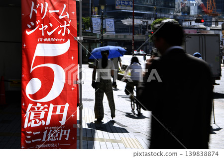通往東京都市景觀的夢想之門…一幅宣傳5億日圓「夢想巨無霸」彩券的橫幅在風中飄揚。背景是澀谷站。 139838874