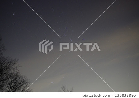 Orion and Sirius shine in the winter night sky. Orion and Sirius shine in the winter night sky. 139838880