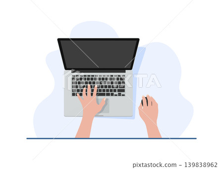 Top view of hands using laptop and mouse on desk stock illustration. 139838962