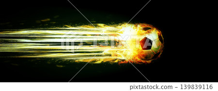 An energetic sports background featuring a soccer ball flying at high speed, engulfed in flames. 139839116