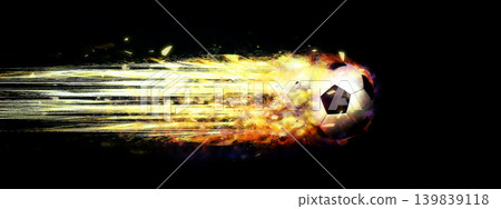 An energetic sports background featuring a soccer ball flying at high speed, engulfed in flames. An energetic sports background featuring a soccer ball flying at high speed, engulfed in flames. 139839118