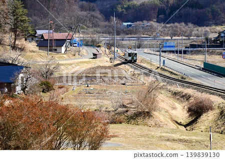 Kiha 100 series diesel railcar running on the JR Kamaishi Line Kiha 100 series diesel railcar running on the JR Kamaishi Line 139839130