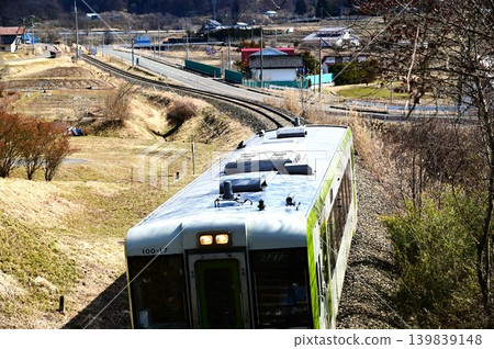 Kiha 100 series diesel railcar running on the JR Kamaishi Line Kiha 100 series diesel railcar running on the JR Kamaishi Line 139839148