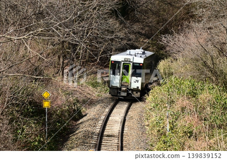 Kiha 100 series diesel railcar running on the JR Kamaishi Line Kiha 100 series diesel railcar running on the JR Kamaishi Line 139839152