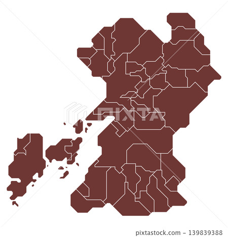 A simple, minimalist brown map illustration showing the boundaries of municipalities in Kumamoto Prefecture. 139839388