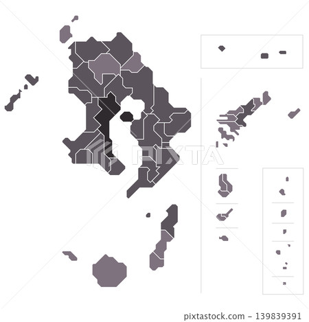 A gray-based infographic map depicting the municipal boundaries of Kagoshima Prefecture. A gray-based infographic map depicting the municipal boundaries of Kagoshima Prefecture. 139839391