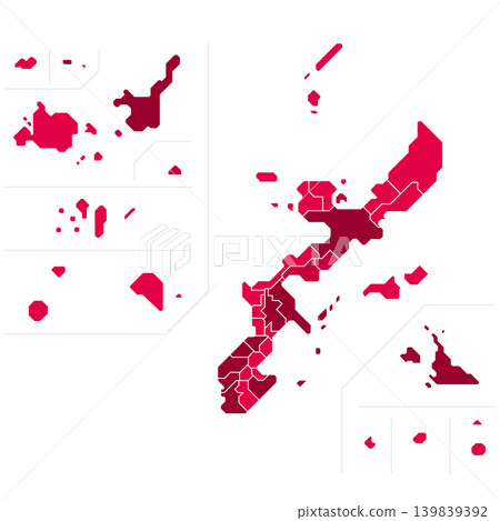 Infographic map showing the boundaries of municipalities in Okinawa Prefecture (red lines) 139839392