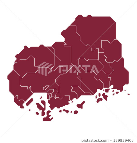 一張資訊圖風格的地圖，用白線標示了廣島縣各市町村的邊界。 139839403