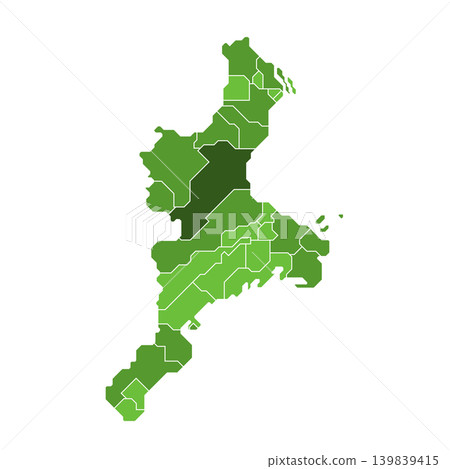 A green gradient map infographic visualizing the municipal divisions of Mie Prefecture. 139839415
