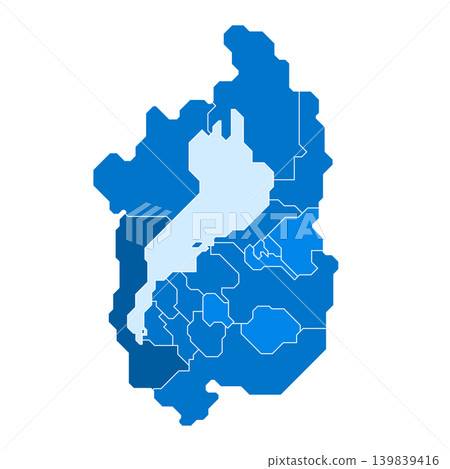 A blue map illustration depicting the boundaries between Lake Biwa and the municipalities of Shiga Prefecture. 139839416