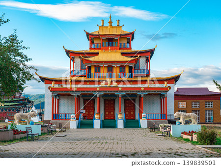 Scenic view of Buddhist temple on the territory of Ivolginsky Datsan, Buryatia, Russia Scenic view of Buddhist temple on the territory of Ivolginsky Datsan, Buryatia, Russia 139839501