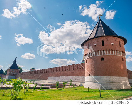 Historic Tula Kremlin fortress wall and Nikitskaya Tower standing tall under a beautiful summer sky 139839620