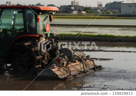 A scene of plowing a rice paddy. 139839913