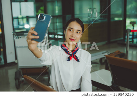 Airline flight attendant taking a cheerful selfie alone at airport terminal with smartphone Airline flight attendant taking a cheerful selfie alone at airport terminal with smartphone 139840230