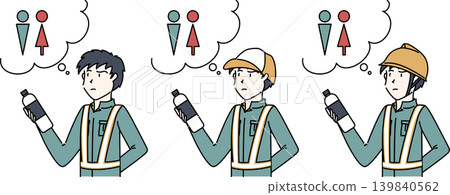 An illustration of a worker hesitating to drink water because he is worried about needing to use the restroom. An illustration of a worker hesitating to drink water because he is worried about needing to use the restroom. 139840562