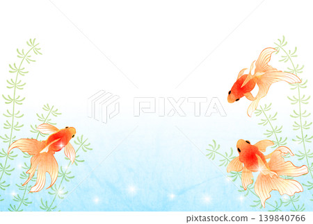 Summer greeting postcard, illustration, goldfish and aquatic plants, cute, Japanese style, watercolor, horizontal Summer greeting postcard, illustration, goldfish and aquatic plants, cute, Japanese style, watercolor, horizontal 139840766