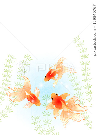 夏季問候明信片,插圖,金魚和水生植物,可愛,日式風格,水彩,垂直版。 夏季問候明信片,插圖,金魚和水生植物,可愛,日式風格,水彩,垂直版。 139840767
