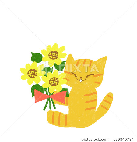 一隻虎斑貓面帶微笑,手裡拿著一束向日葵——夏日禮物插畫。 一隻虎斑貓面帶微笑,手裡拿著一束向日葵——夏日禮物插畫。 139840784