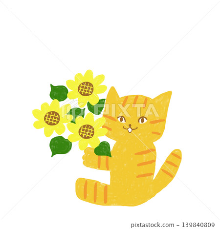 A tabby cat holding a bouquet of sunflowers - a cute summer animal illustration. A tabby cat holding a bouquet of sunflowers - a cute summer animal illustration. 139840809