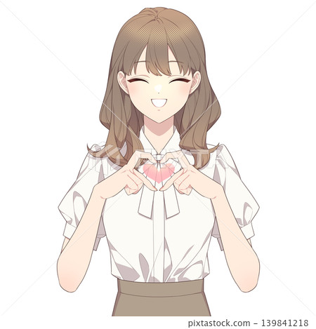 一幅女性用手指比畫出心形（有心形符號）的插圖。 139841218
