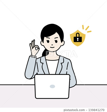 安全措施:一位女商人面帶微笑,在電腦前比出「OK」手勢,旁邊有一把掛鎖。 安全措施:一位女商人面帶微笑,在電腦前比出「OK」手勢,旁邊有一把掛鎖。 139841270