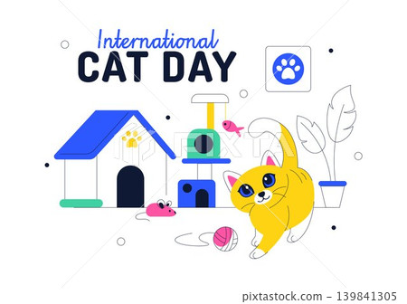 International Cat Day Vector Illustration Featuring Cute Kittens, Pet Care Accessories, Playful Feline Activity and Cozy Home Design 139841305