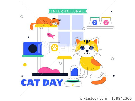 International Cat Day Vector Illustration Featuring Cute Kittens, Pet Care Accessories, Playful Feline Activity and Cozy Home Design International Cat Day Vector Illustration Featuring Cute Kittens, Pet Care Accessories, Playful Feline Activity and Cozy Home Design 139841306