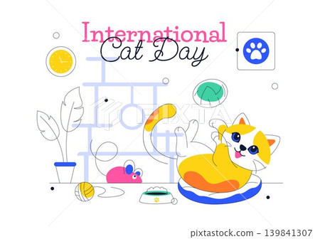 International Cat Day Vector Illustration Featuring Cute Kittens, Pet Care Accessories, Playful Feline Activity and Cozy Home Design 139841307