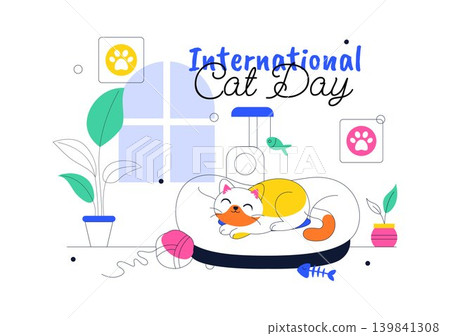 International Cat Day Vector Illustration Featuring Cute Kittens, Pet Care Accessories, Playful Feline Activity and Cozy Home Design 139841308