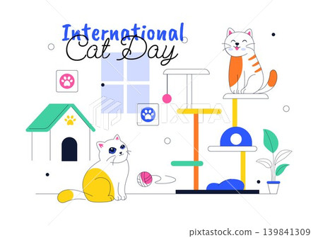 International Cat Day Vector Illustration Featuring Cute Kittens, Pet Care Accessories, Playful Feline Activity and Cozy Home Design International Cat Day Vector Illustration Featuring Cute Kittens, Pet Care Accessories, Playful Feline Activity and Cozy Home Design 139841309