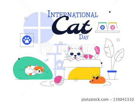 International Cat Day Vector Illustration Featuring Cute Kittens, Pet Care Accessories, Playful Feline Activity and Cozy Home Design 139841310