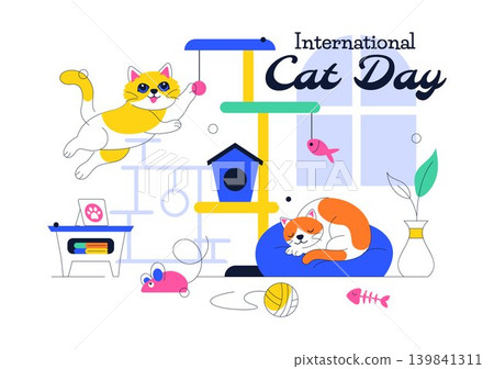 International Cat Day Vector Illustration Featuring Cute Kittens, Pet Care Accessories, Playful Feline Activity and Cozy Home Design International Cat Day Vector Illustration Featuring Cute Kittens, Pet Care Accessories, Playful Feline Activity and Cozy Home Design 139841311