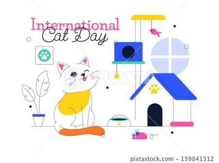 International Cat Day Vector Illustration Featuring Cute Kittens, Pet Care Accessories, Playful Feline Activity and Cozy Home Design International Cat Day Vector Illustration Featuring Cute Kittens, Pet Care Accessories, Playful Feline Activity and Cozy Home Design 139841312