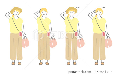Illustrations of young women going out in the summer: smiling, looking troubled, and wearing straw hats. Illustrations of young women going out in the summer: smiling, looking troubled, and wearing straw hats. 139841708