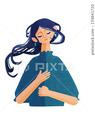 A woman holding her hand on her chest A woman holding her hand on her chest 139841720