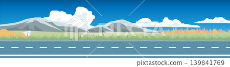 Horizontal or landscape of smooth asphalt road. On the wide grassland and hills. Forest in spring far away. Softe color of mountain and blue sky with white clouds. Horizontal or landscape of smooth asphalt road. On the wide grassland and hills. Forest in spring far away. Softe color of mountain and blue sky with white clouds. 139841769