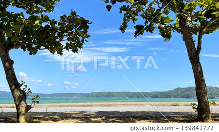 A breathtaking view of the emerald green sea and blue sky from the shade of the trees on Yagaji Island, Nago City, Okinawa Prefecture. A breathtaking view of the emerald green sea and blue sky from the shade of the trees on Yagaji Island, Nago City, Okinawa Prefecture. 139841772