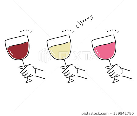 A set of illustrations depicting a toast with wine. 139841790
