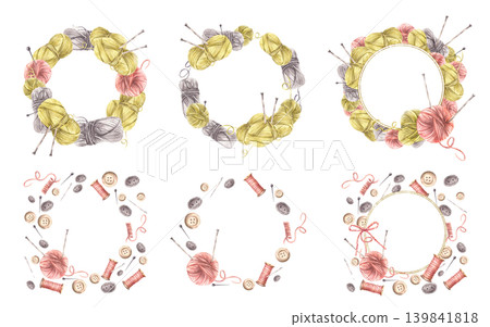 Buttons, yarn ball with knitting needles, thread spool and sewing pins circle frame set. Needlework, handicrafts hobby wreath, round label template Watercolor hand drawn illustration isolated on white Buttons, yarn ball with knitting needles, thread spool and sewing pins circle frame set. Needlework, handicrafts hobby wreath, round label template Watercolor hand drawn illustration isolated on white 139841818