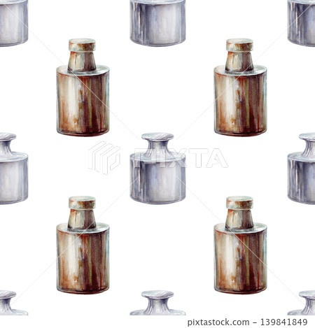 Vintage apothecary weights seamless pattern watercolor illustration. Vintage laboratory scales design for traditional pharmacy branding, antique alchemy potion packaging, rustic wellness print 139841849