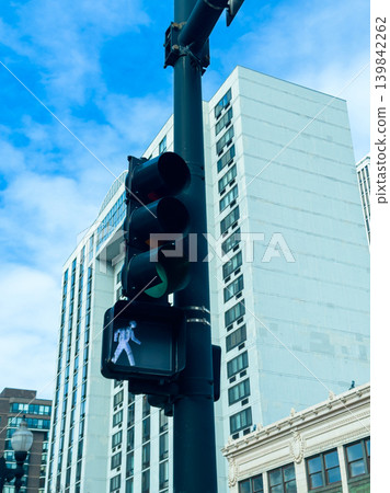Traffic light shows walk signal in urban area with buildings and blue sky in the background during daytime in a city setting near a pedestrian crossing Traffic light shows walk signal in urban area with buildings and blue sky in the background during daytime in a city setting near a pedestrian crossing 139842262