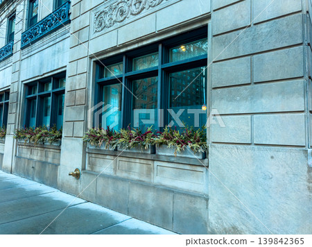 Decorative window boxes with plants in city building during winter season Decorative window boxes with plants in city building during winter season 139842365